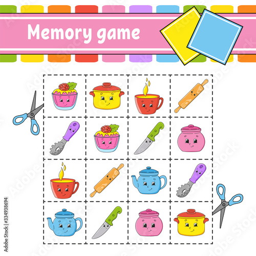 Memory game for kids. Education developing worksheet. Activity page with pictures. Puzzle game for children. Logical thinking training. Isolated vector illustration. Funny character. Cartoon style.