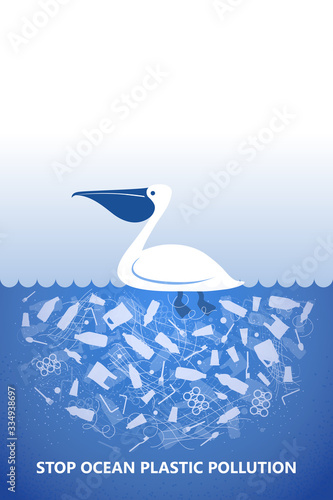 Stop ocean plastic pollution. Ecological poster Pelican, sea bird in water with white plastic waste bag, bottle on blue background. Copy space place. Flat design.