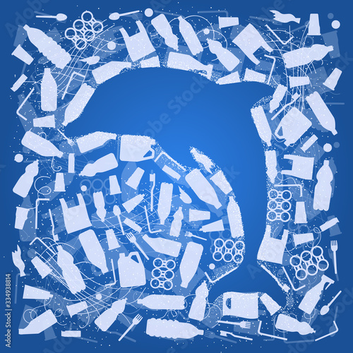 Stop ocean plastic pollution. Ecological poster Silhouette of dolphin on white plastic waste bag, bottle background. Dolphin in garbage on blue background. Flat design.
