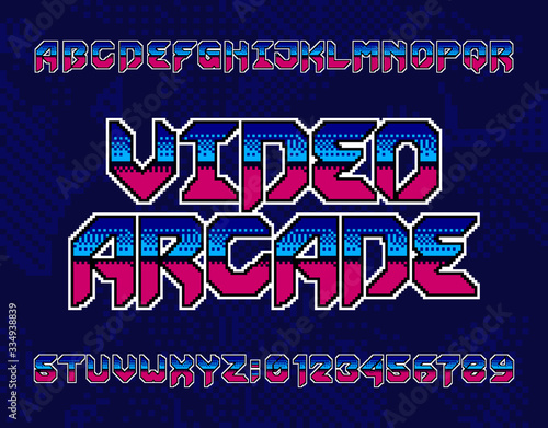 Video Arcade alphabet font. Retro pixel letters and numbers. Pixel background. 80s electronic game typescript.