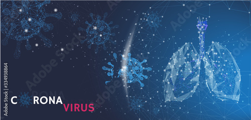 Coronavirus (2019-nCoV). Virus Covid 19-NCP banner for awareness & alert against disease spread  in the lung,Background with viral cell polygon mesh. Linear outline style. Vector illustration.