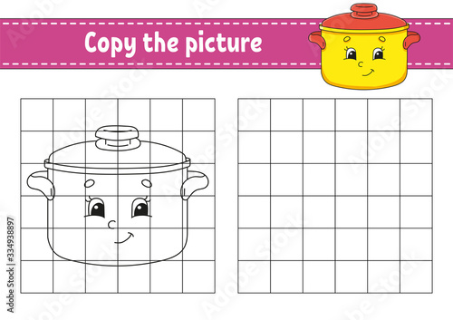 Copy the picture. Stewpan. Coloring book pages for kids. Education developing worksheet. Game for children. Handwriting practice. Catoon character.