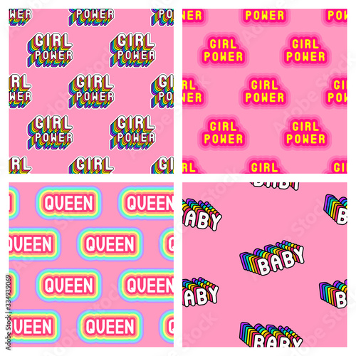 Set of 4 colorful girly seamless patterns. Feminine vector backgrounds with text patches: “Girl Power”, “Baby”, “Queen”.
