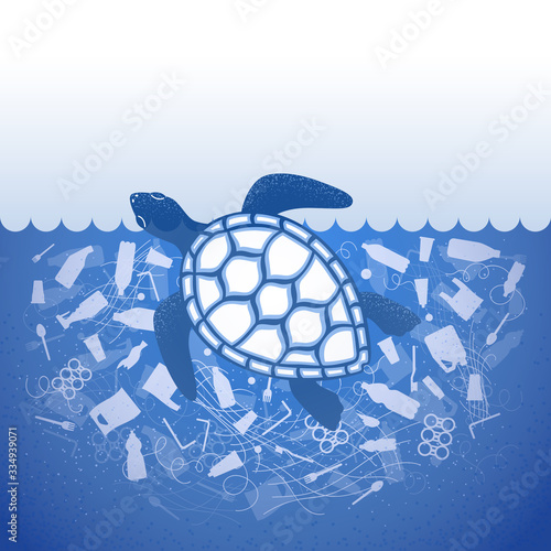 Stop ocean plastic pollution. Ecological poster Turtle in water with white plastic waste bag, bottle on blue background. Turtle in garbage. Flat design.