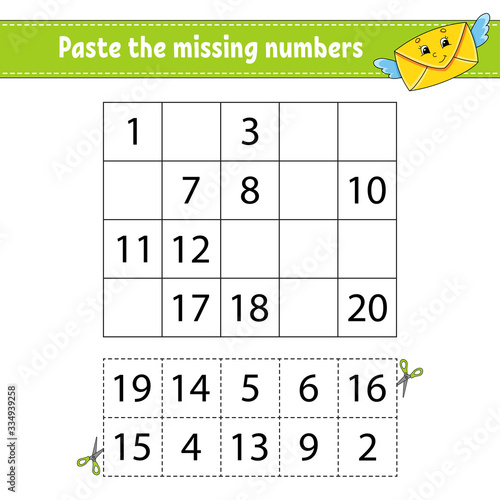 Paste the missing numbers 1-20. Game for children. Handwriting practice. Learning numbers for kids. Education developing worksheet. Activity page. Isolated vector illustration in cute cartoon style.