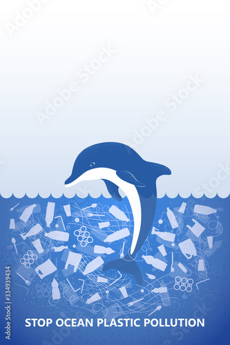 Stop ocean plastic pollution. Ecological poster. Dolphin in water with white plastic waste bag, bottle on blue background. Copy space place. Flat design.