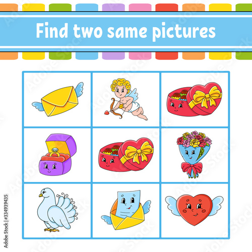 Find two same pictures. Task for kids. Education developing worksheet. Activity page. Color game for children. Funny character. Isolated vector illustration. Cartoon style. Valentine's Day.