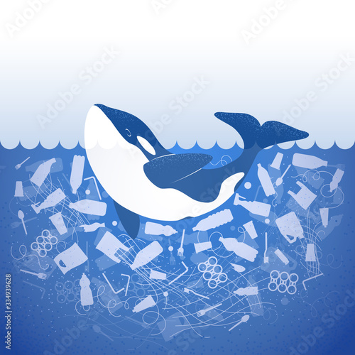 Stop ocean plastic pollution. Ecological poster orca in water with white plastic waste bag, bottle on blue background. Killer whale in garbage. Flat design.