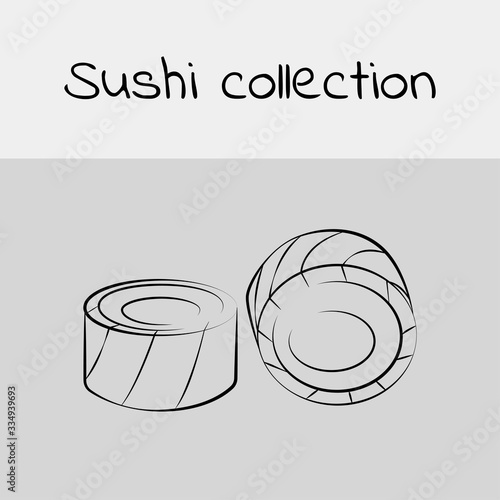 Sushi collection. Rolls. Line drawing, icon. Vector.