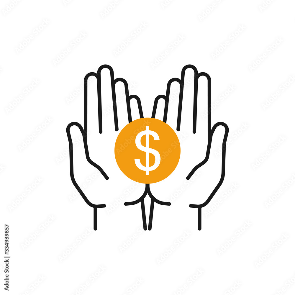 Obraz premium Isolated line icon of yellow coin, money in two outline open hands on white background. Symbol of cash charity investment wealth, payment. logo flat design.