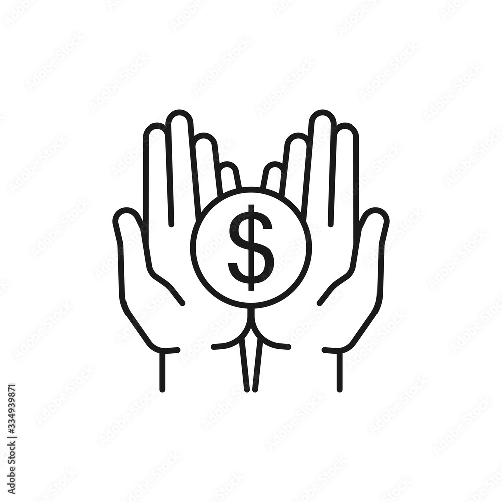 Obraz premium Isolated line icon of coin, money in two outline hands on white background. Symbol of cash charity investment wealth, payment. logo flat design.