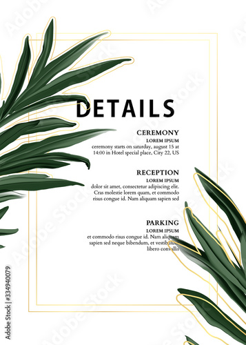 Evergreen palm leaves adventure poster design in vector. Jungle plant background. Floral motifs graphics. Vector