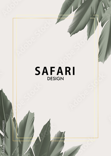 Floral motifs  palm tree jungle safari design with luxury gold foil frame template in vector. Vintage khaki wallpaper, poster, forest decoration with foliage plant. Vip boho banner template