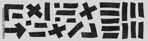 Black duct tape set. Realistic black adhesive tape pieces for fixing isolated on grey background. Scotch arrow, cross, corner and paper glued. Realistic 3d vector illustration