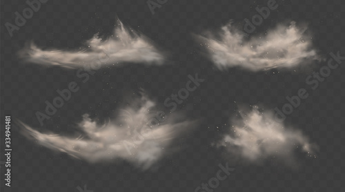 Dusty clouds set. Smoke with sand, stones and flying dirty, soil dust particles isolated on transparent background. Air pollution concept. Realistic vector illustration