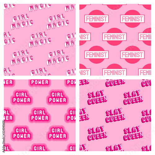 Set of 4 feminist seamless patterns. Pink vector backgrounds with text patches: “Girl Power”, “Girl Magic”, “Slay Queen”, “Feminist”.