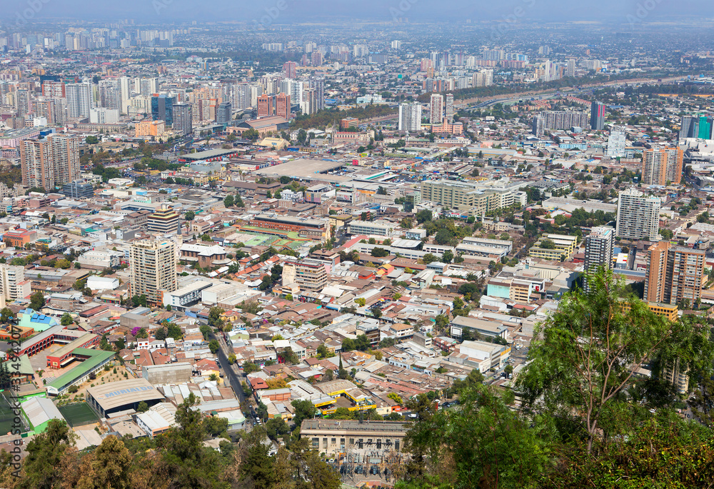 Santiago, Chile, View of the city from the San Cristobal hill.  From the hill of San Cristobal opens an amazing panorama of Santiago - the city of St. James, the patron Saint of the Castilians, in who