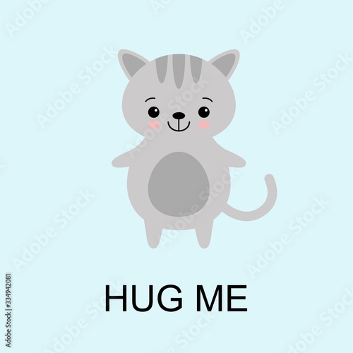 Grey Cat ready for a hugging. Funny animal. Cute cartoon pet on blue background. Vector illustration with lettering phrase Hug Me
