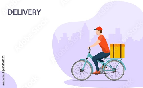 Courier on bicycle with parcel box delivering food In city. Ecological fast delivery concept. Vector illustration in flat style