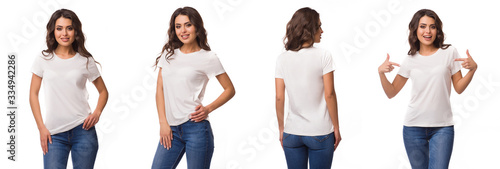 Beautiful woman in a t-shirt of white color. T-shirt template. She laughs and has fun 