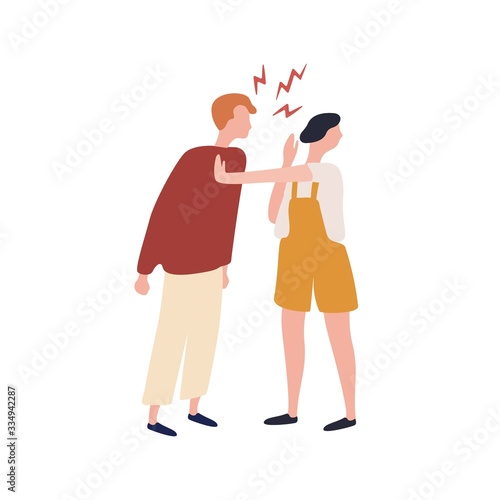 Cartoon suffer woman stopped angry man during conflict isolated on white background. Abuser colorful male shouting to fear female vector flat illustration. Quarrel of couple