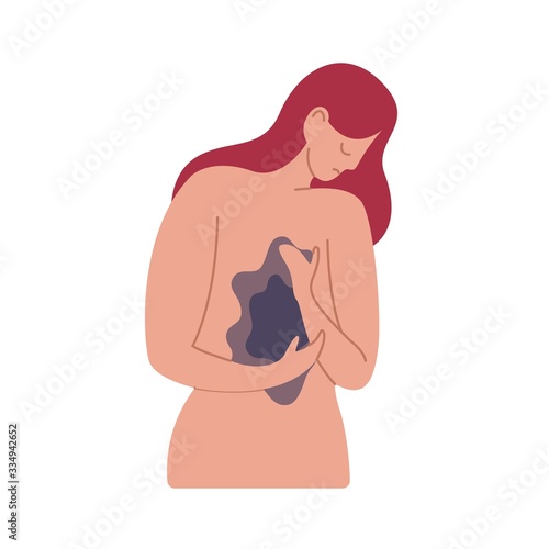 Unhappy cartoon woman having chest pain vector flat illustration. Lonely young female with broken heart and empty feeling isolated on white background. Concept of psychological problems and therapy