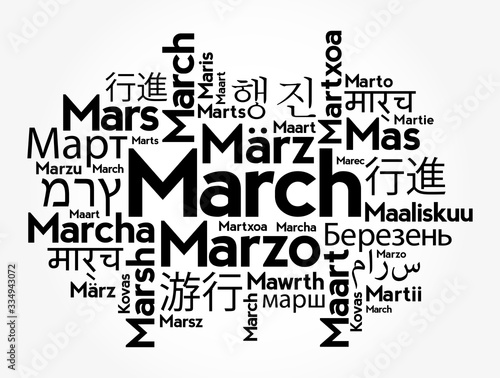 March in different languages of the world, word cloud concept background