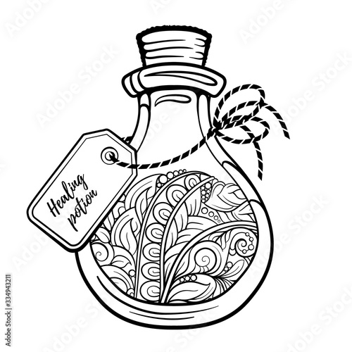 Bottle with magic healing potion. Black and white vector graphic. Antistress coloring page.