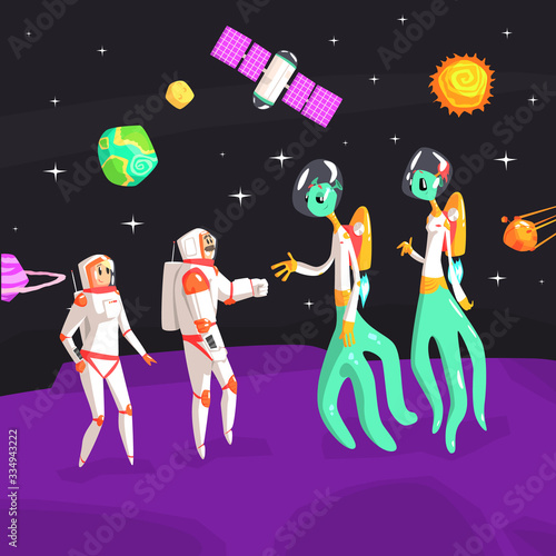 Space Banner Template, Astronauts and Aliens Handshaking on Unknown Planet in Outer Space Vector illustration