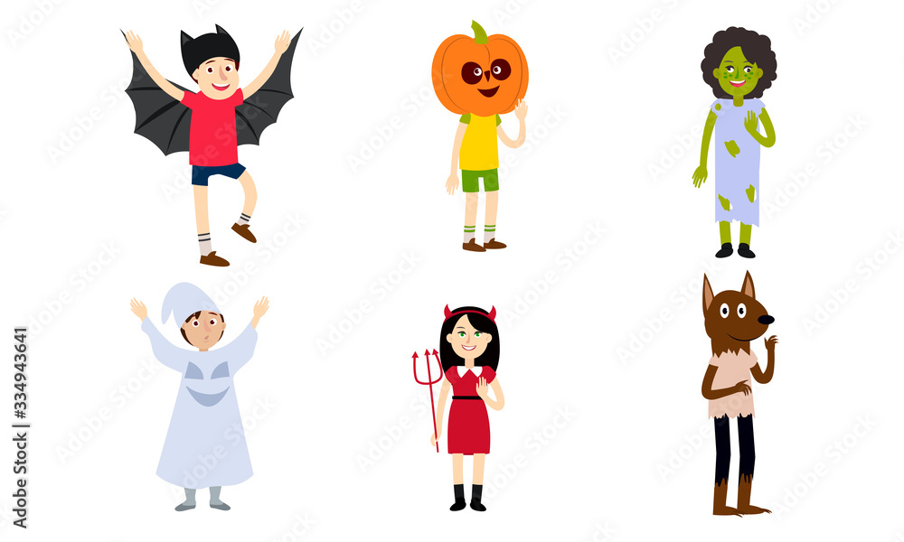Set of people boys and girls in different spooky Halloween costumes
