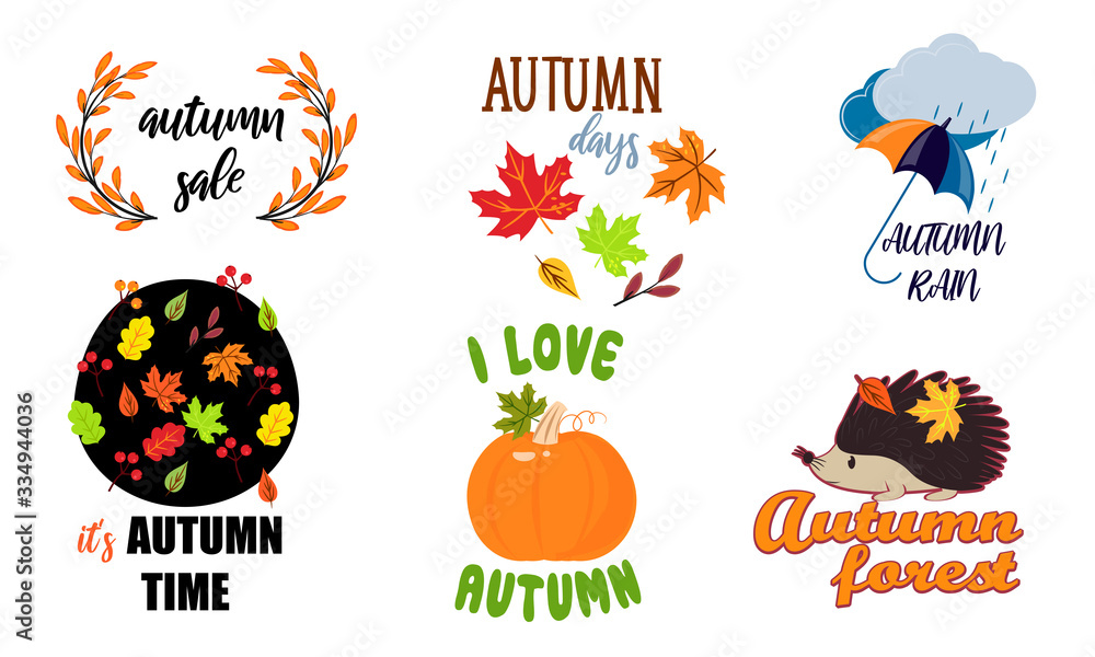 Fototapeta premium Hand drawn autumn seasonal drawings and lettering vector illustration