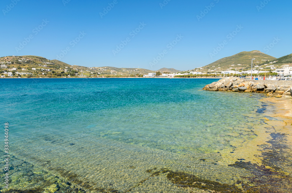 Turquoise bay in Parikia, the capital of the island of Paros. Greece