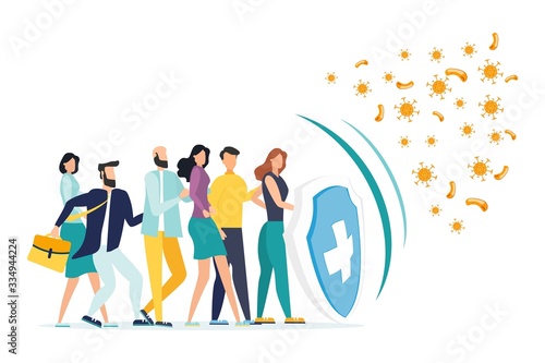 Immune system vector icon logo. Protection against bacteria health viruses. A healthy mans and womans stand behind a shield and repel an attack of bacteria by the shield. Vector illustration.