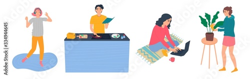 Self isolation concept. People in quarantine at their home cooking food, dancing to music, working on a laptop, watering flowers. Flatten the curve COVID-19 virus. Vector illustration