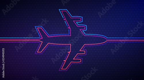 Airplane background. Vector illustration of glowing neon colored airplane silhouette over blue and purple background
