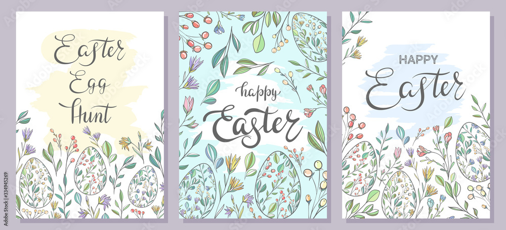 Set of Easter cards / posters with spring flowers and painted eggs