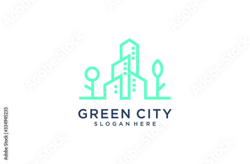 green city logo with green leaf and buliding