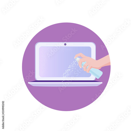 Bottle with a disinfectant in the hand. Antiseptic processing of a laptop. Disinfection of equipment during the epidemic, illustration.