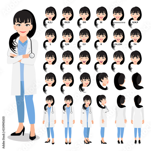 Cartoon character with professional doctor in smart uniform for animation. Front, side, back, 3-4 view character. Separate parts of body. Flat vector illustration.