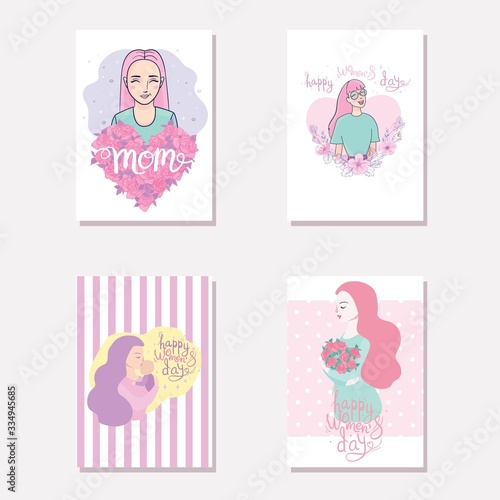 8 March. Happy Women's Day. The figure eight braided flowers. Spring holiday. Card design with hand drawn floral ornament. Colorful background with blossom. Size A4. Vector illustration, eps10