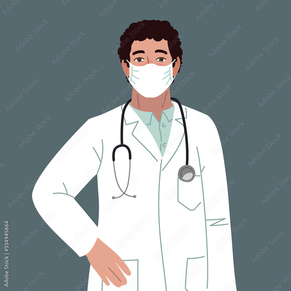 White, dark haired male doctor. Man in a white coat stands on a gray background. Vector Character