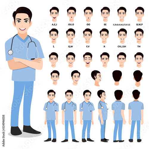 Cartoon character with professional doctor in smart uniform for animation. Front, side, back, 3-4 view character. Separate parts of body. Flat vector illustration.