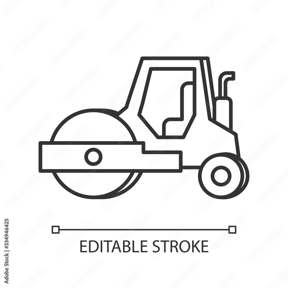Road roller pixel perfect linear icon. Compactor type vehicle for construction works. Thin line customizable illustration. Contour symbol. Vector isolated outline drawing. Editable stroke