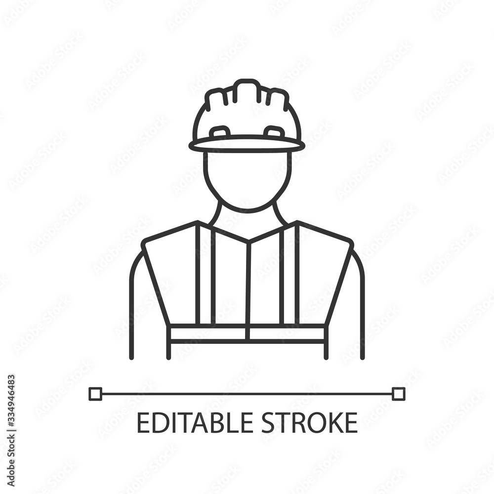 Worker in uniform pixel perfect linear icon. Construction builder in hardhat. Safety helmet. Thin line customizable illustration. Contour symbol. Vector isolated outline drawing. Editable stroke