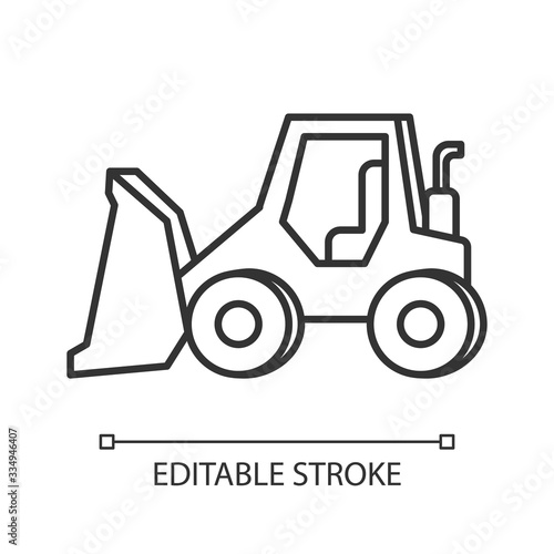 Bulldozer pixel perfect linear icon. Road works industrial truck. Dozer for ground loading. Thin line customizable illustration. Contour symbol. Vector isolated outline drawing. Editable stroke