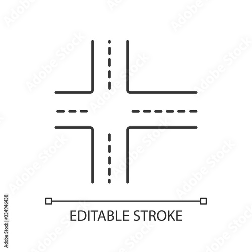 Crossroad pixel perfect linear icon. Intersection of roads. Crossing ways. Crossed motorway. Thin line customizable illustration. Contour symbol. Vector isolated outline drawing. Editable stroke