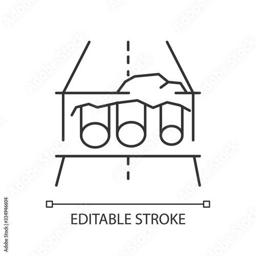 Pipe replacement pixel perfect linear icon. Installation of tubes to repair leaking. Thin line customizable illustration. Contour symbol. Vector isolated outline drawing. Editable stroke