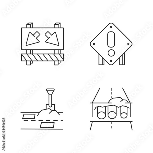 Road works pixel perfect linear icons set. Traffic sign for cars to take detour. Patching paving. Customizable thin line contour symbols. Isolated vector outline illustrations. Editable stroke