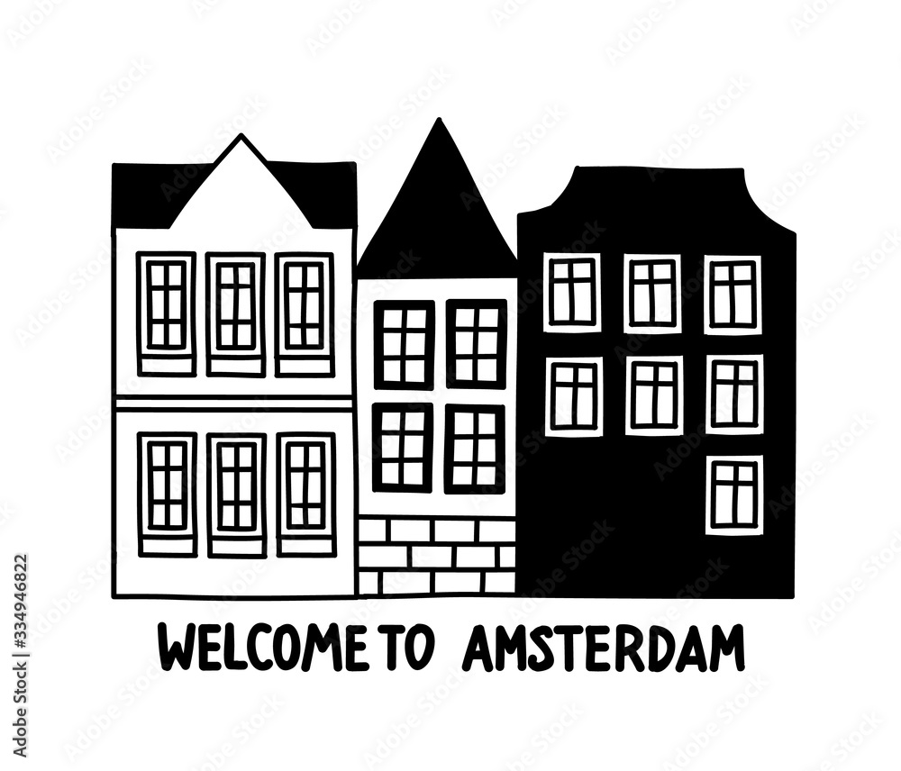 Amsterdam welcome card, banner, illustration, composition of cute houses