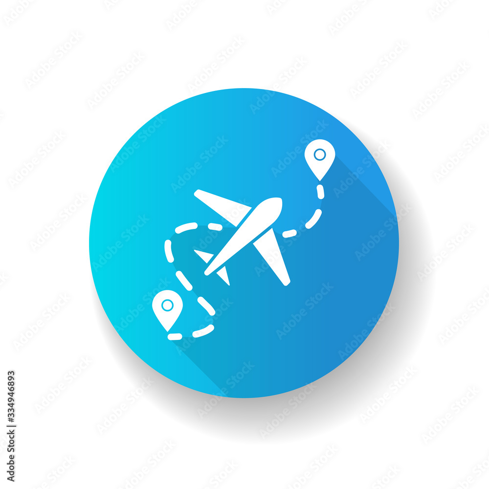 Airplane route blue flat design long shadow glyph icon. Plane destination with GPS pointer. Location for aeroplane arrival. Airline path with dotted line. Silhouette RGB color illustration Airplane route blue flat design long shadow glyph icon. Plane destination with GPS pointer. Location for aeroplane arrival. Airline path with dotted line. Silhouette RGB color illustration